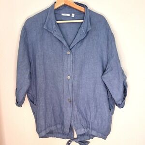 Kaktus Womens Blue 100% Linen Roll Tab Sleeve Tie Back Shirt Made in Italy M